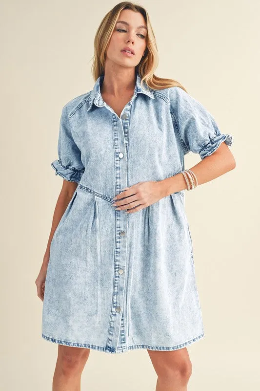 Ruffled Short Sleeve Buttoned Denim Dress