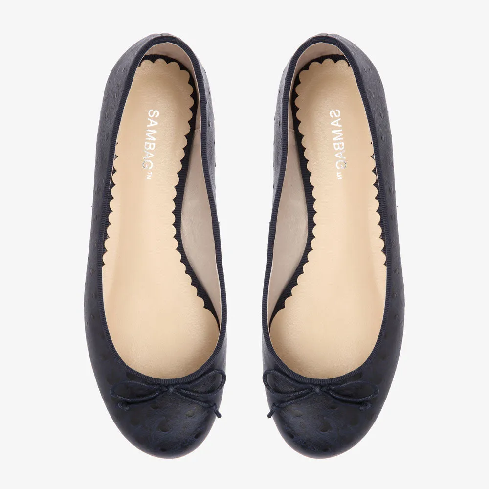 Tina Navy Ostrich Embossed Leather Ballet Flat