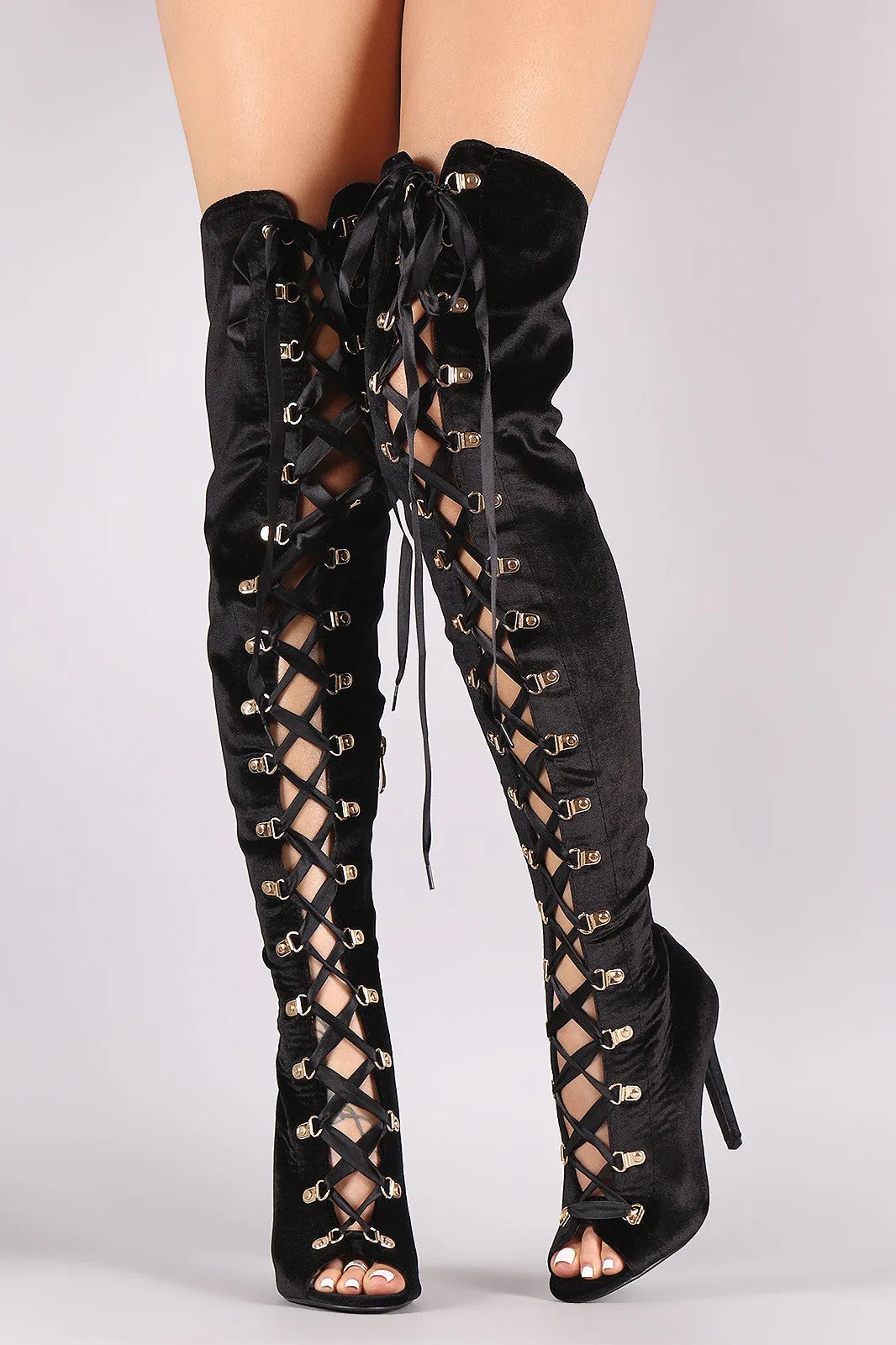 Velvet Ribbon Lace-Up Stiletto Over-The-Knee Boots