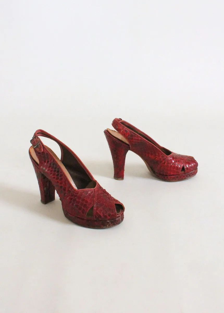 Vintage 1940s Red Snakeskin Platform Sandals