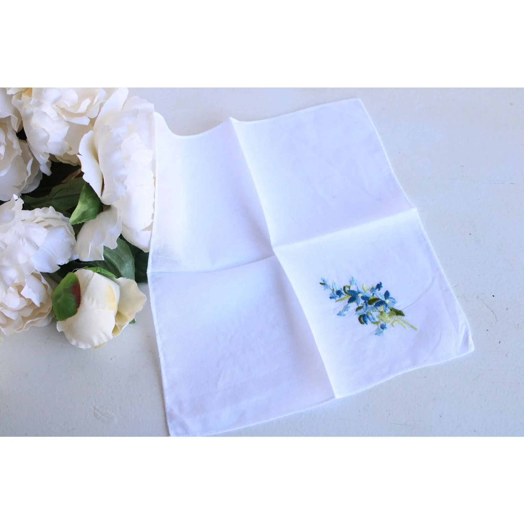 Vintage White Linen With Blue Embroidered Flowers Hankie