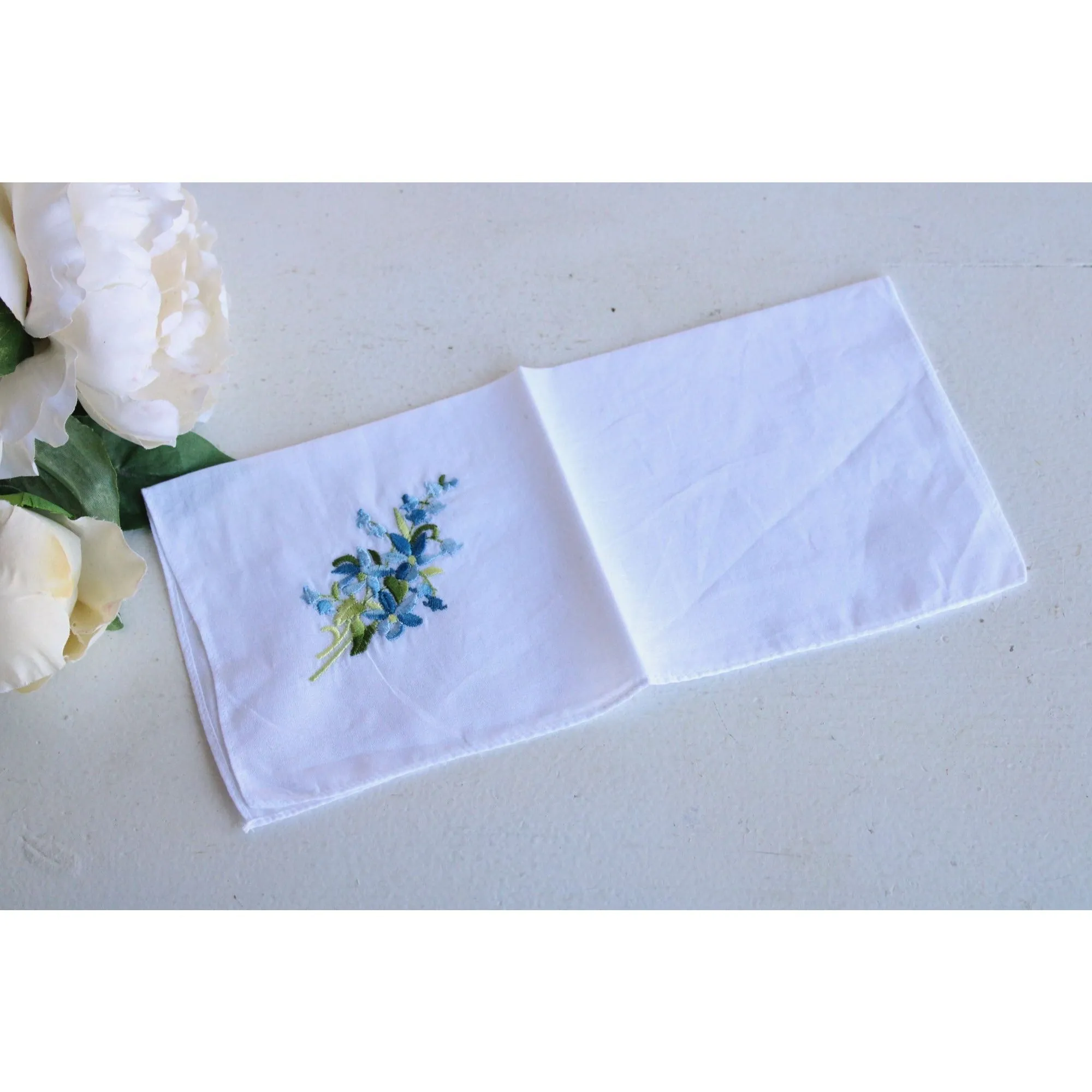 Vintage White Linen With Blue Embroidered Flowers Hankie