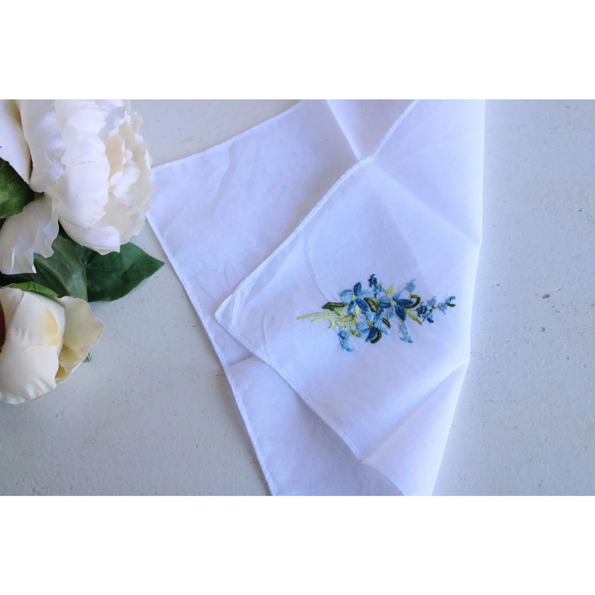 Vintage White Linen With Blue Embroidered Flowers Hankie