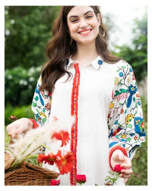 White Cotton Silk Full Sleeves Multi Embroidered Shirt Dress