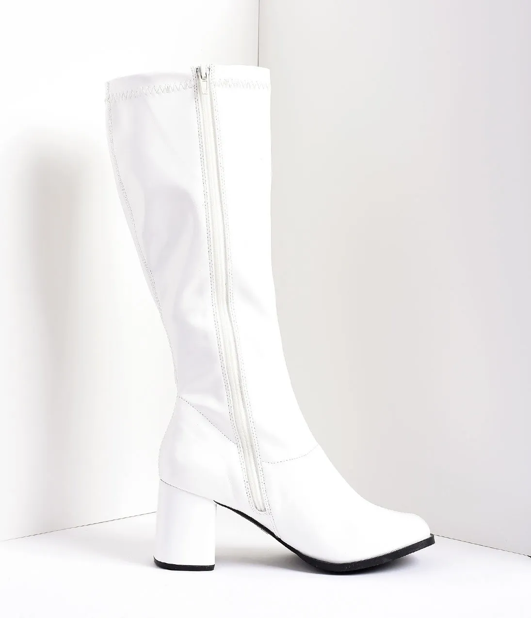 White Stretch Patent Knee High Go Go Boots