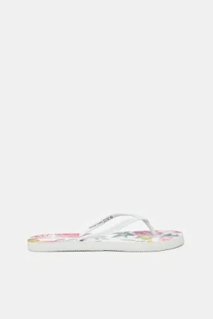 Women White Floral Print Flip Flop