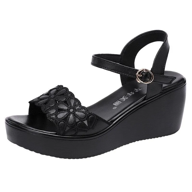 Women's Black Wedge Sandals with Floral Cutouts