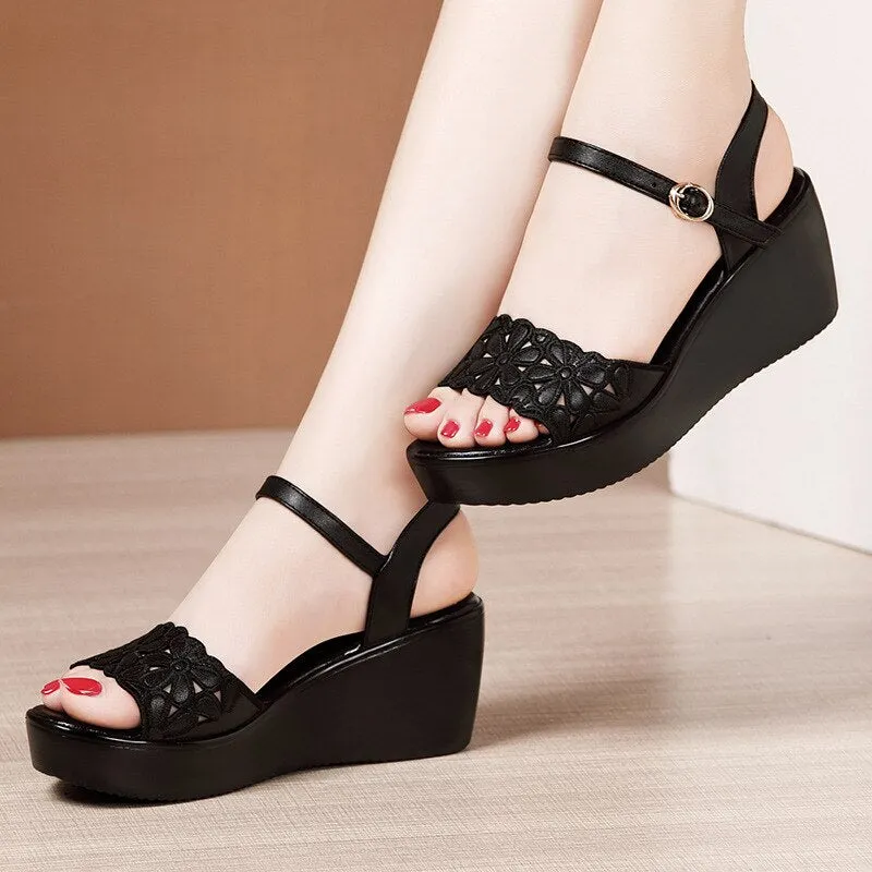 Women's Black Wedge Sandals with Floral Cutouts