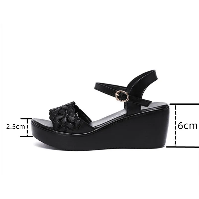 Women's Black Wedge Sandals with Floral Cutouts