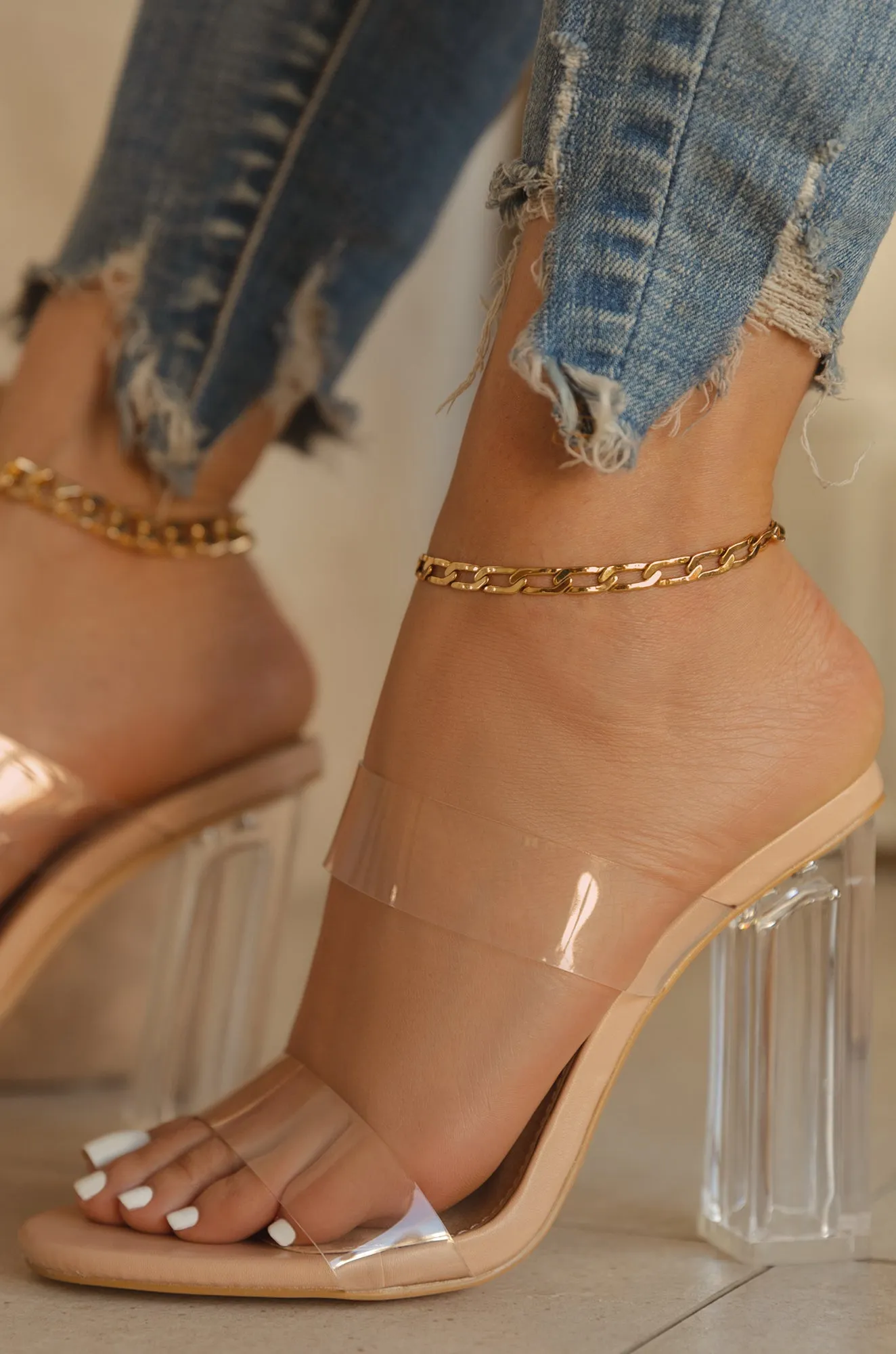 Your Next Date Clear Strap Block Heel Mules - Nude